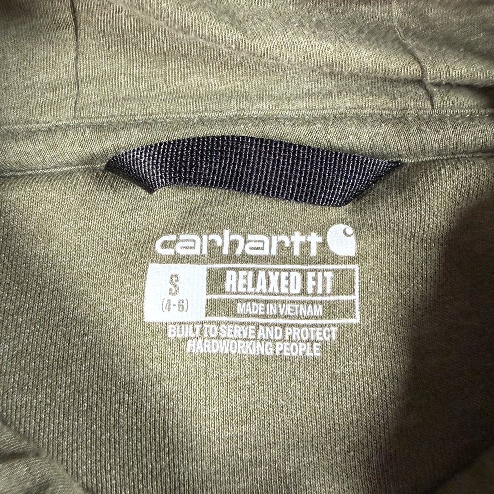 Carhartt Womens S 4-6 Olive Green Pullover Hoodie Spellout Logo Relaxed Fit - Picture 8 of 9